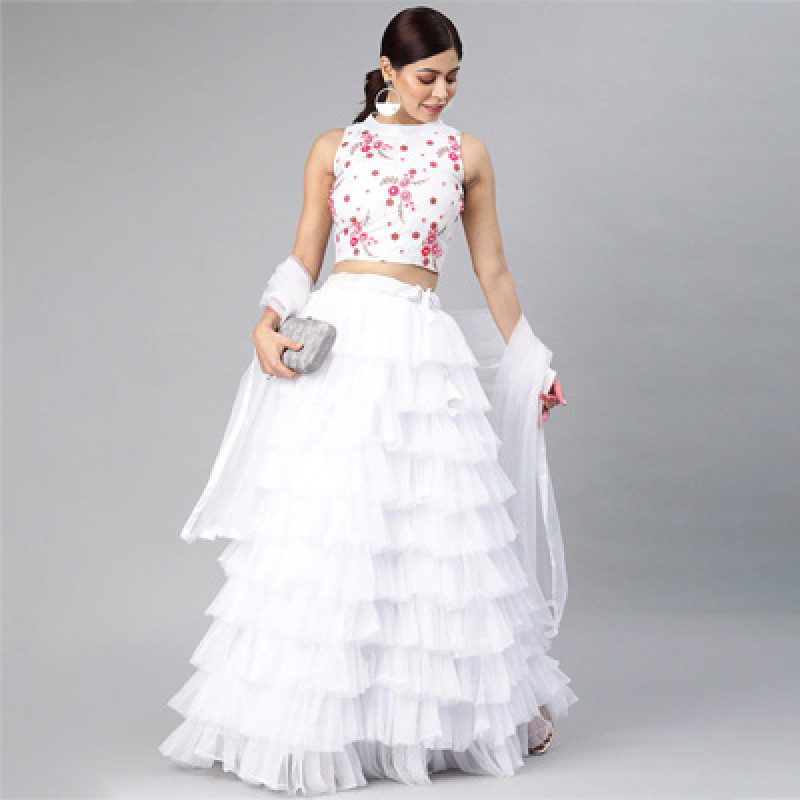 White Semi-Stitched Ruffled Lehenga & Blouse with Dupatta