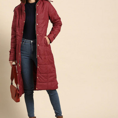 Women Maroon Longline Hooded Parka Jacket with Belt