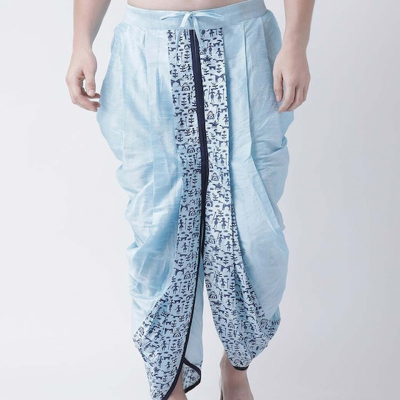 Men Blue Printed Dupion Silk Dhoti Pants