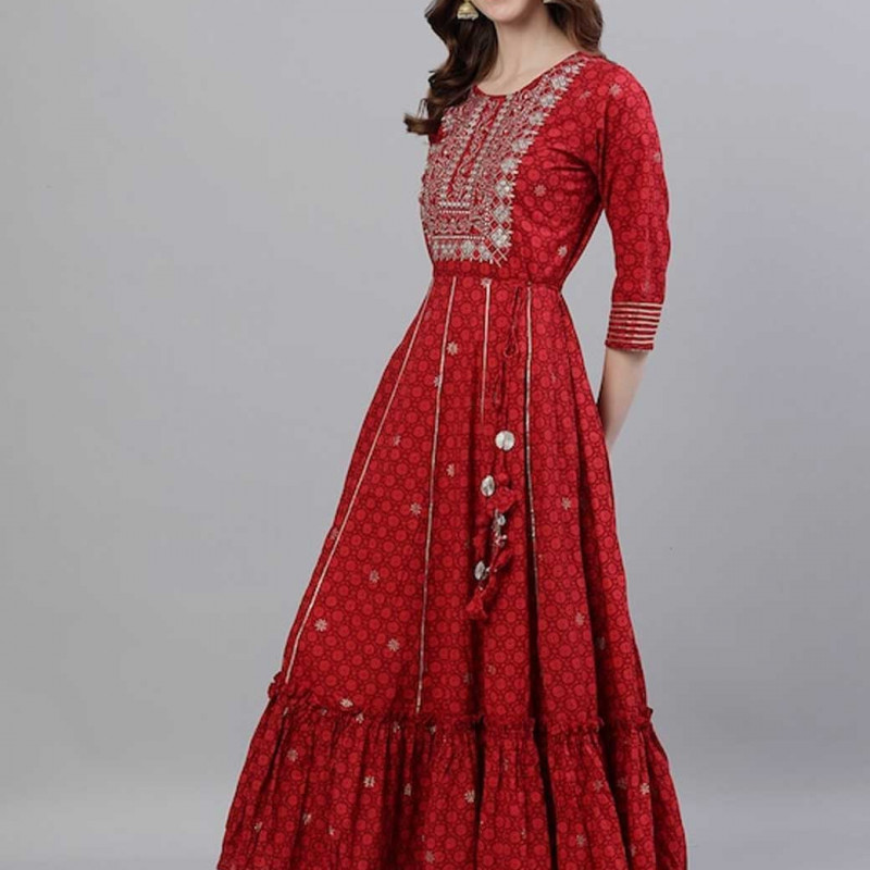 Women Red Embroidered Anarkali Kurta