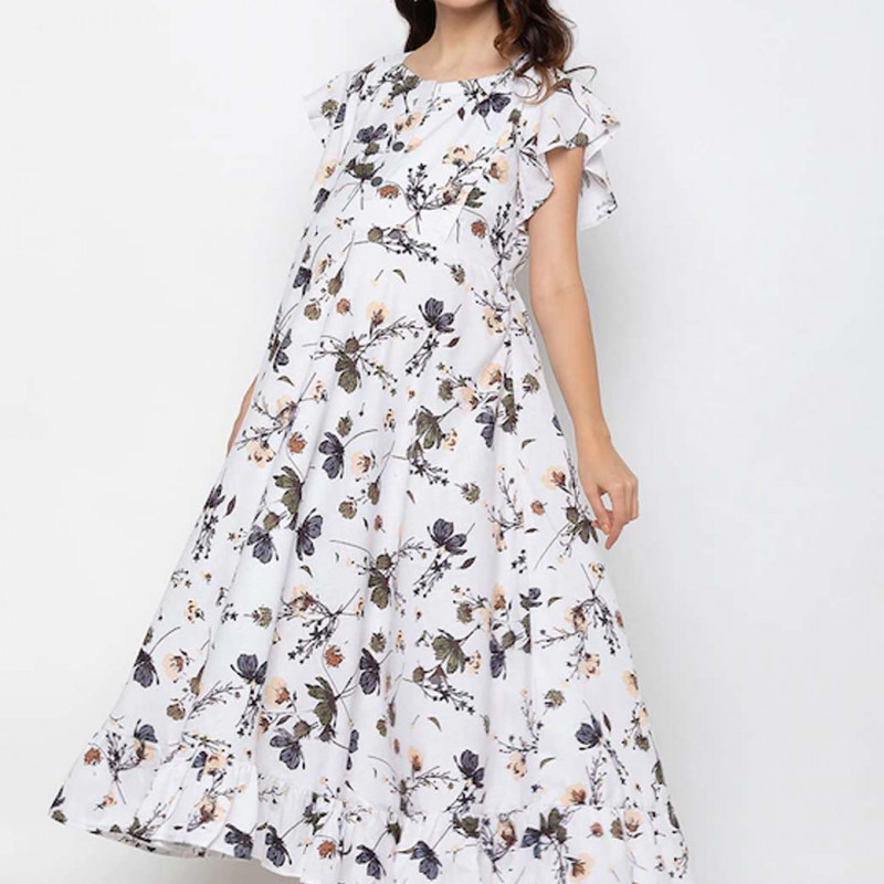 Women White & Green Floral Printed Maternity Nursing Maxi Dress