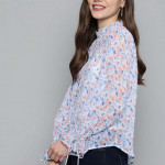 White & Blue Floral Printed Puff Sleeves Shirt Style Top