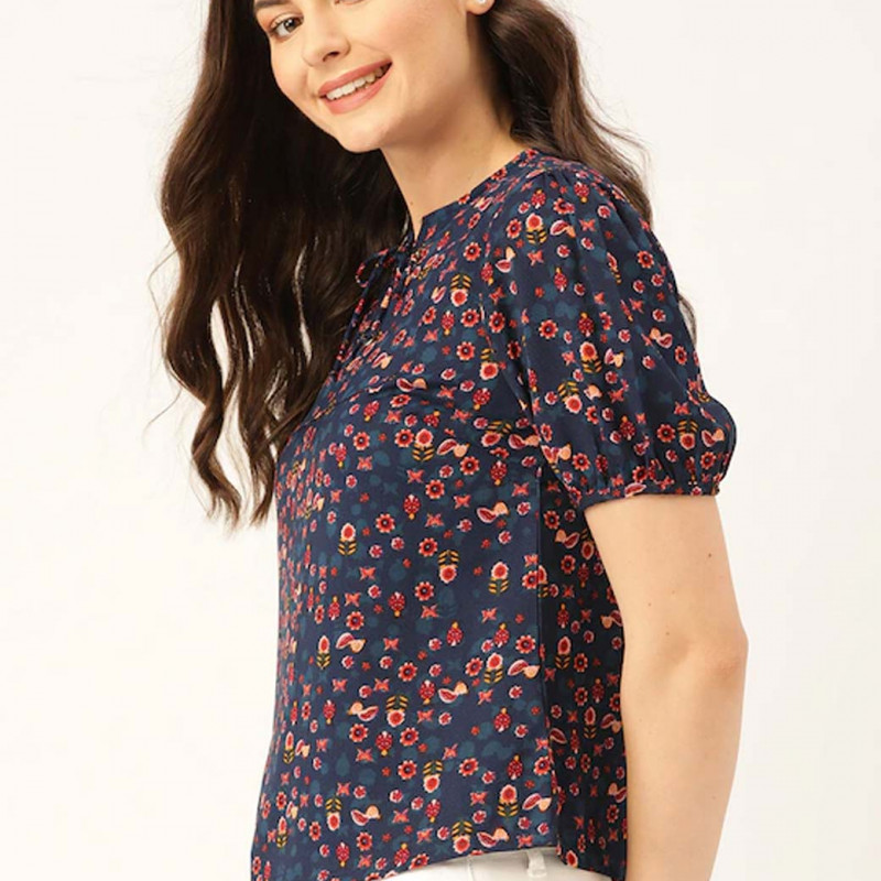 Women Navy Blue & Orange Floral Print Top