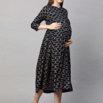 Navy Blue & Gold-Toned Geometric Printed Maternity Nursing A-Line Midi Dress