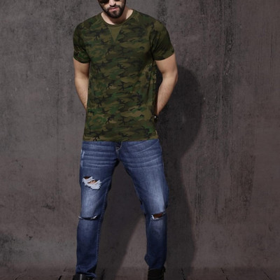 Men Olive Green Camouflage Round Neck T-shirt