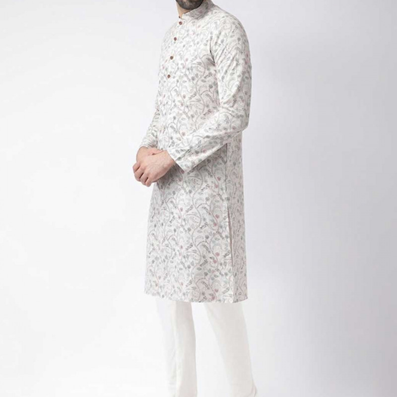 Men White Floral Printed Kurta with Churidar