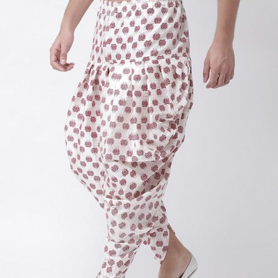 Men Off White & Maroon Printed Dhoti