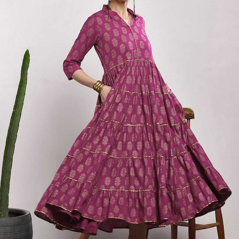 Women Pink Printed Tiered Anarkali Kurta