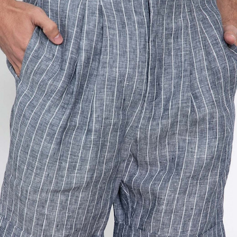 Men Grey Striped Linen Slim Fit Pleated Shorts