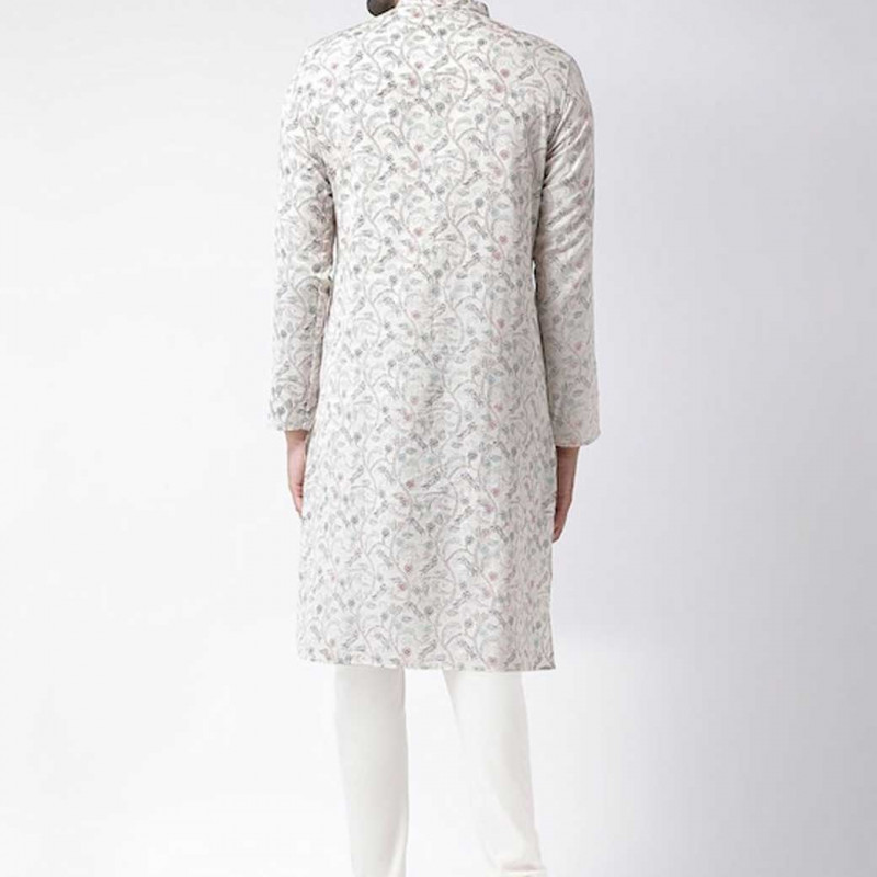 Men White Floral Printed Kurta with Churidar