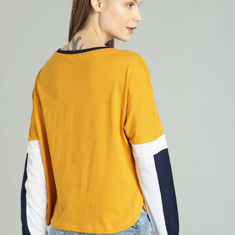 Women Yellow Solid Round Neck Knitted Pure Cotton T-shirt